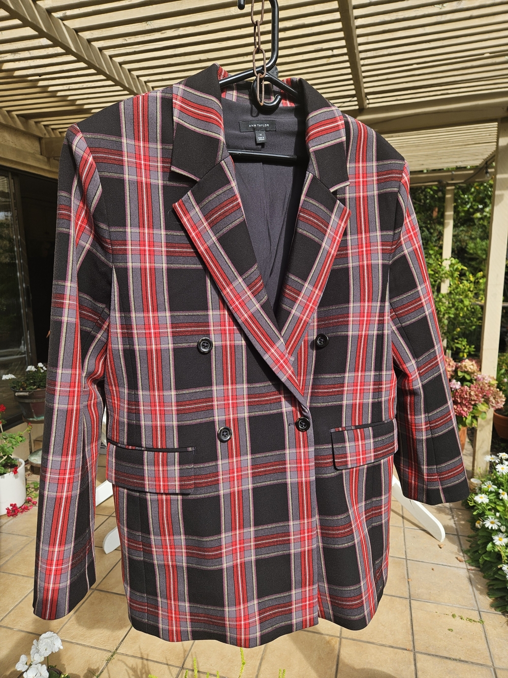 Ann Taylor Black and Red Plaid Double-Breasted Blazer